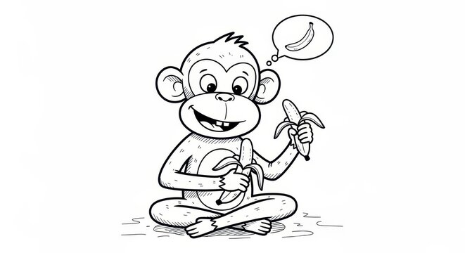 Cartoon Monkey Holding Banana with Thought Bubble.