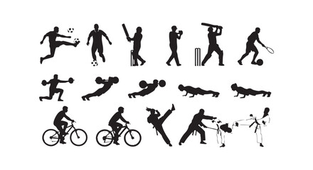 Obraz premium Set of black silhouettes of active people engaged in different sports activities isolated on white background flat design.