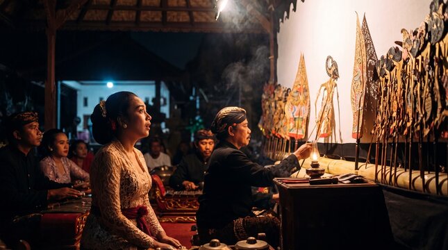 Traditional Javanese Wayang Kulit Shadow Puppet Performance with Dalang and Pesindhen in Indonesia