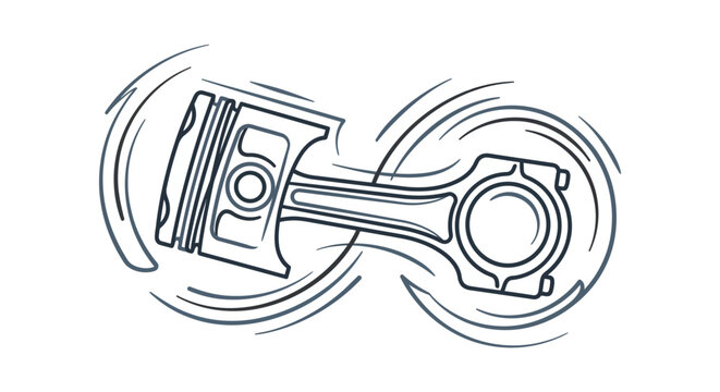 Line art vector illustration featuring a motorcycle engine piston and connecting rod assembly with dynamic motion lines, isolated on a plain white background for mechanical design.