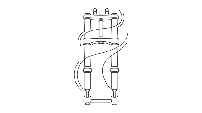 Line art vector illustration of a motorcycle front suspension system showing telescopic forks, upper and lower triple trees, and axle assembly isolated on a plain white background.