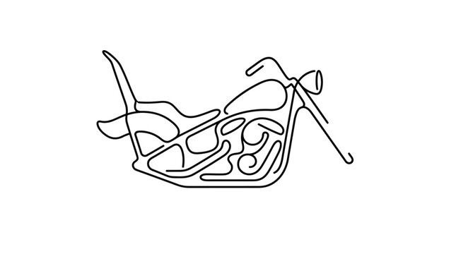 Minimalist one-line drawing of a custom chopper motorcycle featuring a high sissy bar, elongated front forks, and engine details in a continuous black line style on a white background.