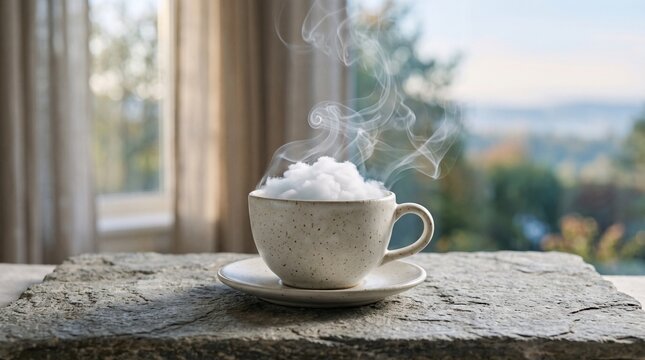 Steaming cup of coffee on a saucer. Hot beverage with rising vapor. Morning coffee break