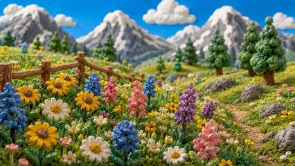 Obraz premium 夏の雪山を背景に色とりどりの花が咲き乱れるクレイアニメ風の美しい高原の風景