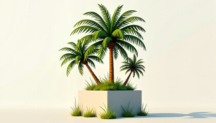 Fototapeta premium three stylized palm trees growing in a white planter with green grass, representing a tropical nature concept, with copy space