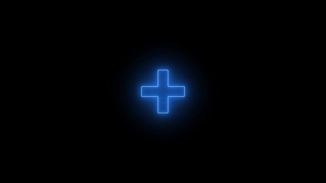 Glowing blue neon plus sign pulsing on dark background, for ui and, digital interface