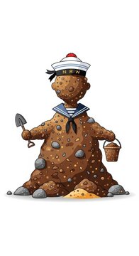 Cartoon Dirt Character in Sailor Outfit with Tools.