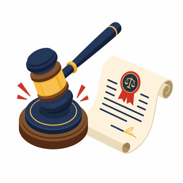 Isometric vector illustration of a dark blue and gold judge's gavel striking a wooden sound block alongside a legal document scroll featuring a red seal with scales of justice symbol.