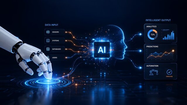 Artificial Intelligence Neural Network Processing Data Robotic Hand Interactive Dashboard Concept