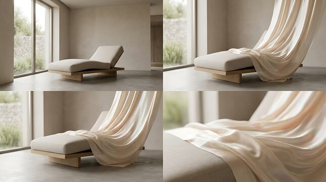 Minimalist daybed sequence with flowing silk in a modern interior