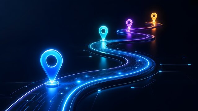 Digital futuristic roadmap with glowing neon navigation pins on winding dark path representing business strategy