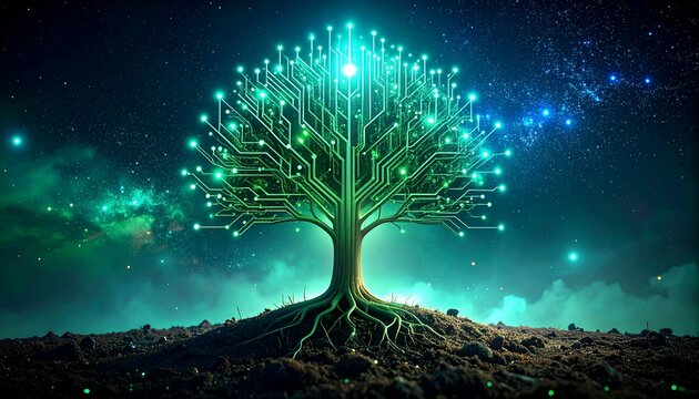 Glowing tree of digital circuits and light. Surreal concept representing technological growth, sustainable innovation, and nature-tech harmony. Perfect for business and green tech visuals.