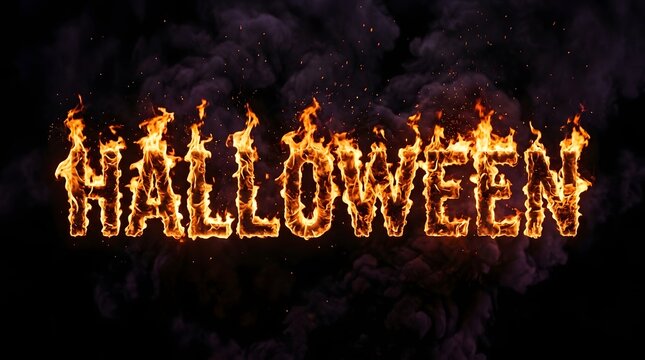 Halloween text burning in fire flames with dark smoke on black background