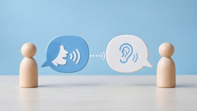 3D wooden peg dolls with speech bubbles showing talking and listening icons representing effective business communication and active listening skills.