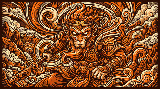 Vector illustration of a fierce monkey king warrior with a staff
