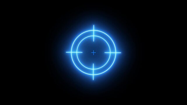Glowing neon light target icon animation. Military training, Military target icon animation on black background. Crosshair, gun aim, sniper target.