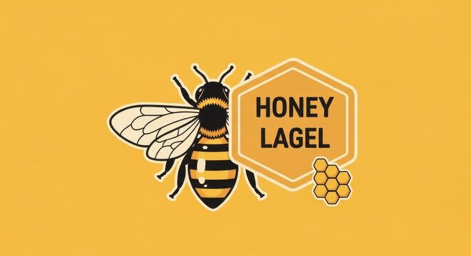 Cartoon bee with honey label and honeycomb design.