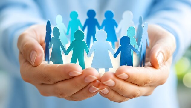 Hands gently holding colorful paper cutout people in a circle representing diversity social inclusion charity and community support.