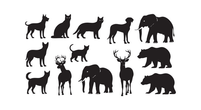 Silhouette collection set domestic wild animals isolated white background including dog cat elephant deer bear.