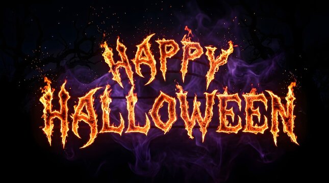 Happy halloween text engulfed in bright orange flames against a dark, swirling purple smoke background with glowing embers and sparks