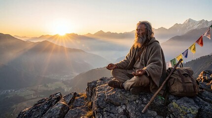 Fototapeta premium Elderly Wise Man Meditating on Mountain Peak at Sunrise for Spiritual Enlightenment and Mindfulness