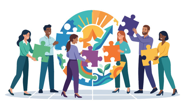 Diverse business team collaborating to assemble a large colorful puzzle representing unity and success. EPS Editable. Vector Illustrations.