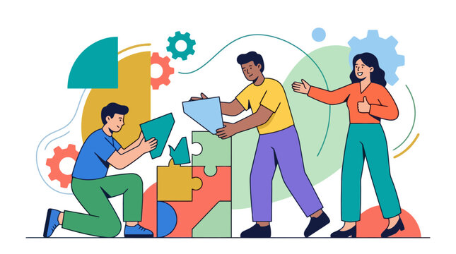 Diverse business team collaborating to assemble puzzle pieces representing teamwork and success. EPS Editable. Vector Illustrations.