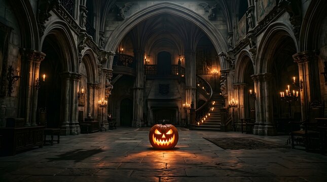 Spooky jackolantern glowing in the center of a grand, dark, gothic castle hall with stone arches and candlelight