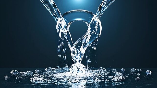 Clear water streams merging to form a map pointer symbol splashing on a dark blue background