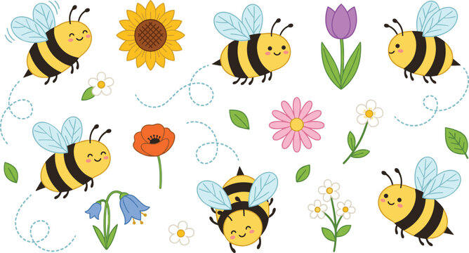 Cute bee garden clipart collection featuring honey bees flowers leaves and spring nature elements vector illustration set