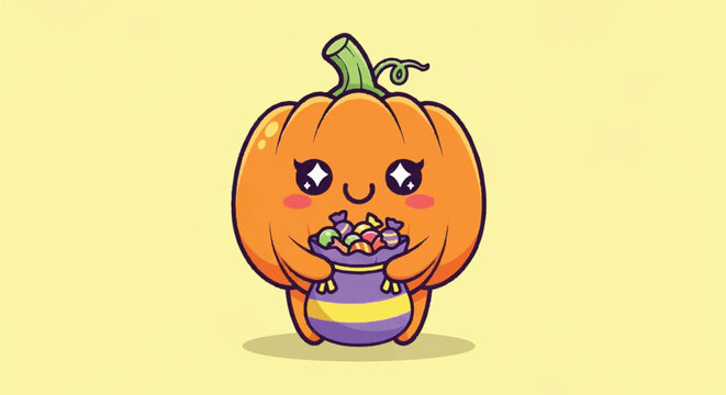 A cartoon pumpkin character happily holds a bowl of candy on a sunny day.