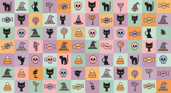A vibrant Halloween-themed pattern of cats, hats, candy, eyes, and bows on colorful tiles.