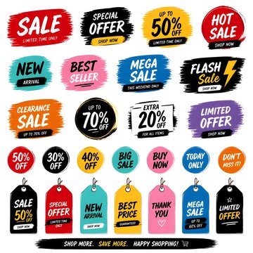 Collection of brush stroke sale, stickers and tags banners, sales label collection suitable for design promotion media. Vector 