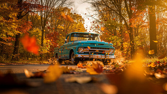 Vintage teal pickup truck driving through a sunlit autumn forest. Swirling fall leaves surround the classic vehicle on a rural road. Nostalgic travel theme for automotive marketing campaigns.