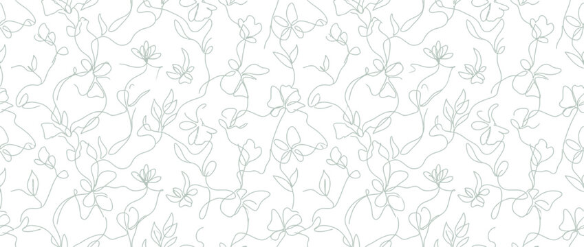 Seamless minimalist botanical line art pattern with light green flowers