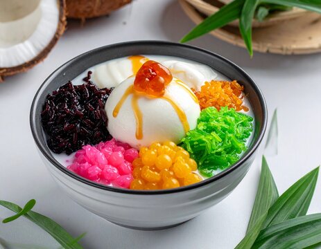 Indonesian traditional dessert Bubur Campur with black sticky rice, colorful sago pearls, rice porridge, and palm sugar syrup in a bowl.