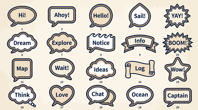 Collection of Speech Bubbles with Various Words and Shapes.