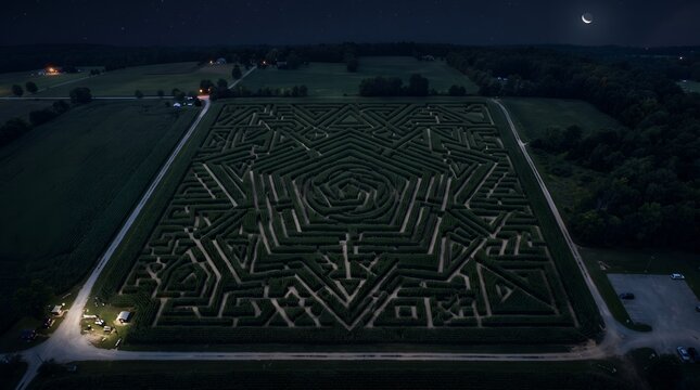 Aerial drone shot looking down on a complex autumn corn maze