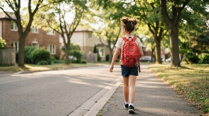 Fototapeta premium Young schoolgirl with red backpack walking down suburban street on sunny autumn day, schoolgirl
