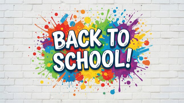 Colorful back to school text with artistic paint splatter effect on white brick wall, education