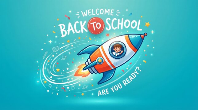 Back to school banner with rocket ship flying through space and text welcome education academic