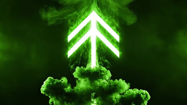 Glowing white arrow symbol rising through dense green smoke and mist on black background