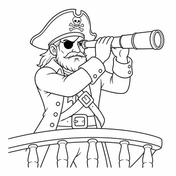 Black and white line art vector illustration of a bearded pirate captain with an eye patch looking through a telescope from a ship deck, wearing a skull and crossbones bicorne hat.