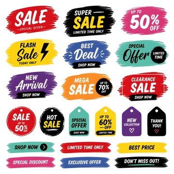 Collection of brush stroke sale, stickers and tags banners, sales label collection suitable for design promotion media. Vector 