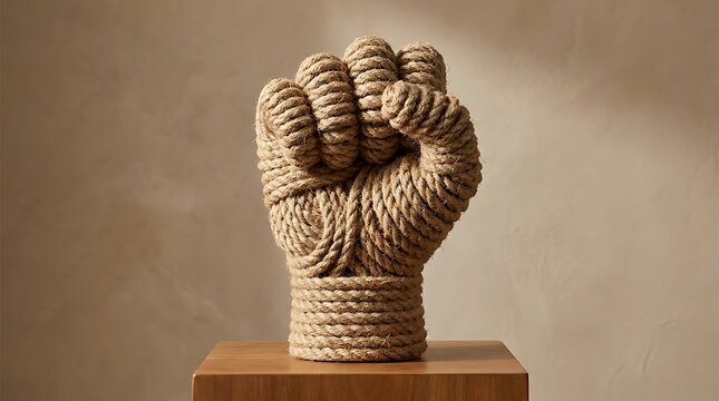 Fist statue formed by intricate rope weaving sits centered on a wooden block in a sunlit room setting.