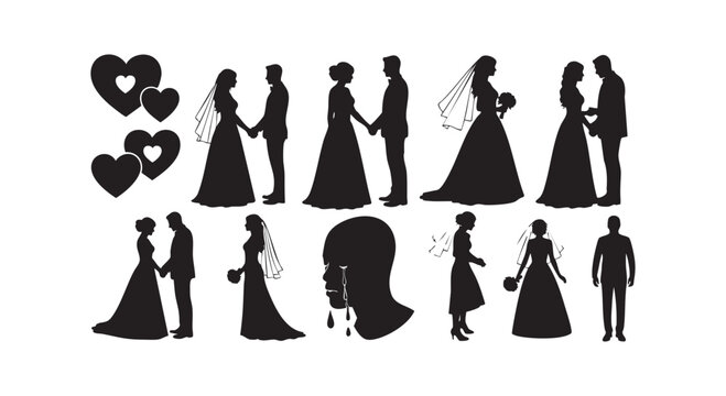 Wedding set collection featuring romantic silhouettes of bride and groom figures with floating heart icons for print.