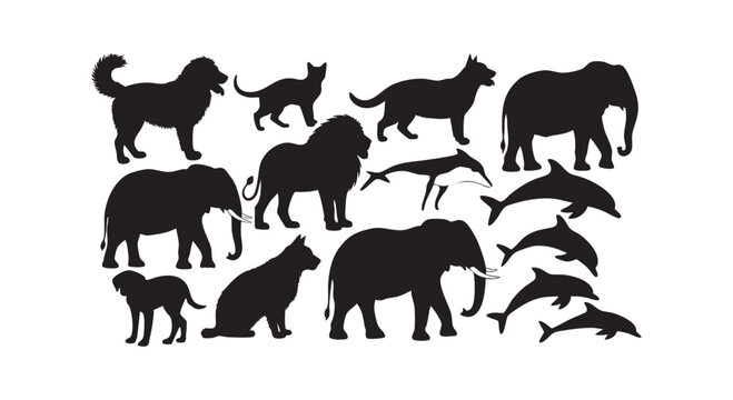 Wildlife animal silhouettes featuring elephants lions wolves dogs cats and dolphins in various natural profile positions.