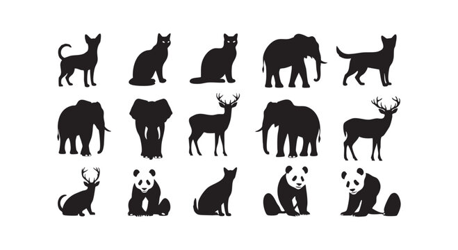 Wildlife animal silhouettes featuring elephants pandas deer cats and exotic creatures for nature conservation themes set.