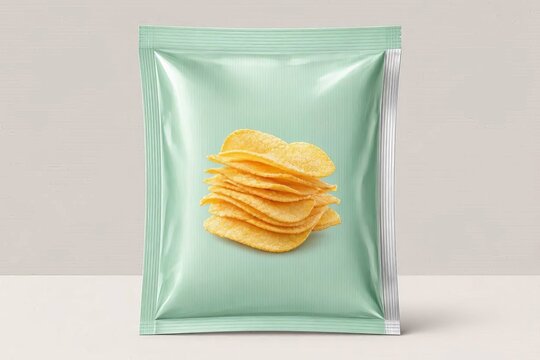 A light green foil plastic bag with a vertical seal is used for packaging design, featuring an image of stacked potato chips against a white background