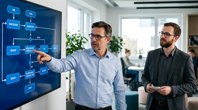 Two businessmen collaborating on a flowchart displayed on a large digital screen